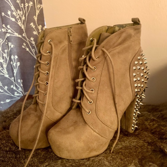 Studded Beige Lace-Up Ankle Boots - Picture 2 of 4